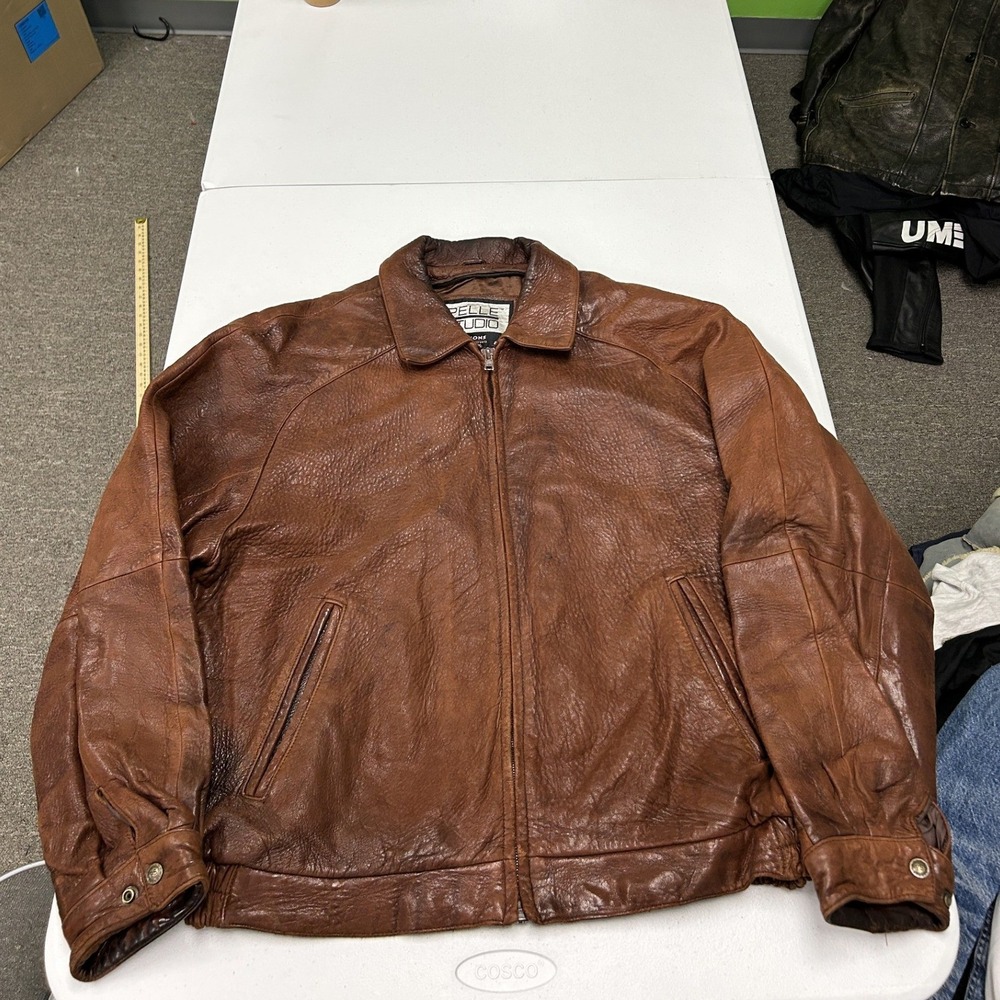 Wilsons Pelle Studio Leather Bomber Jacket Mens L Brown Full Zip Textured D1
